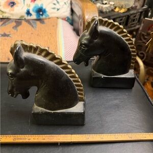 Vintage black Trojan Horse Head Bookends, Chalkware *flawed